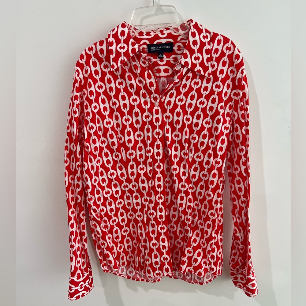 Red and White Jones New York Printed Blouse